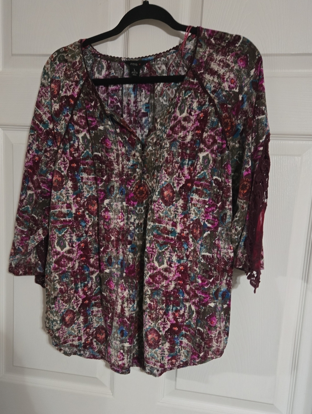 Intro. Multicolor Floral Print V-Neck Blouse - Pink, Burgundy, Teal Lace Insert